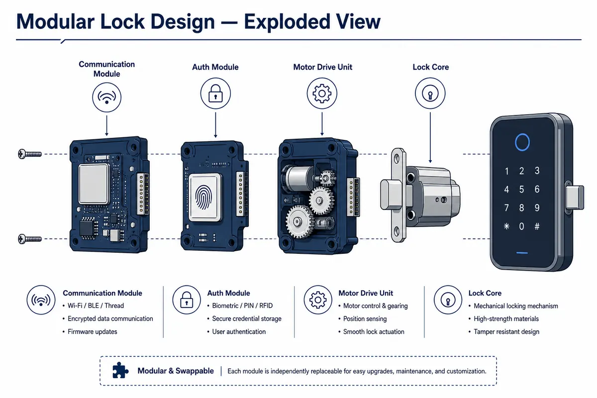 Modular lock exploded view — hardware headroom and forward design