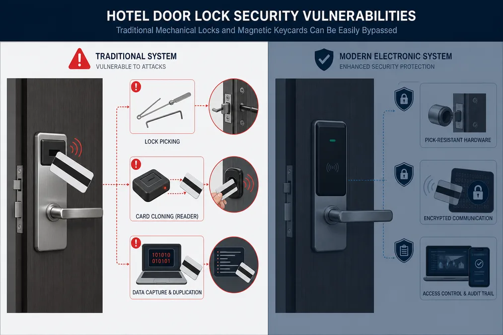 Security risks of traditional hotel door locks: mechanical locks and magnetic cards vulnerable to manipulation and cloning