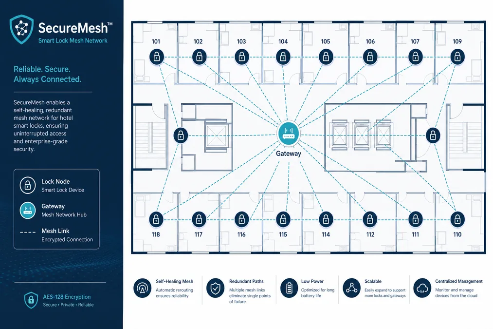 SecureMesh network topology: hotel floors with self-organizing lock nodes and redundant gateway coverage